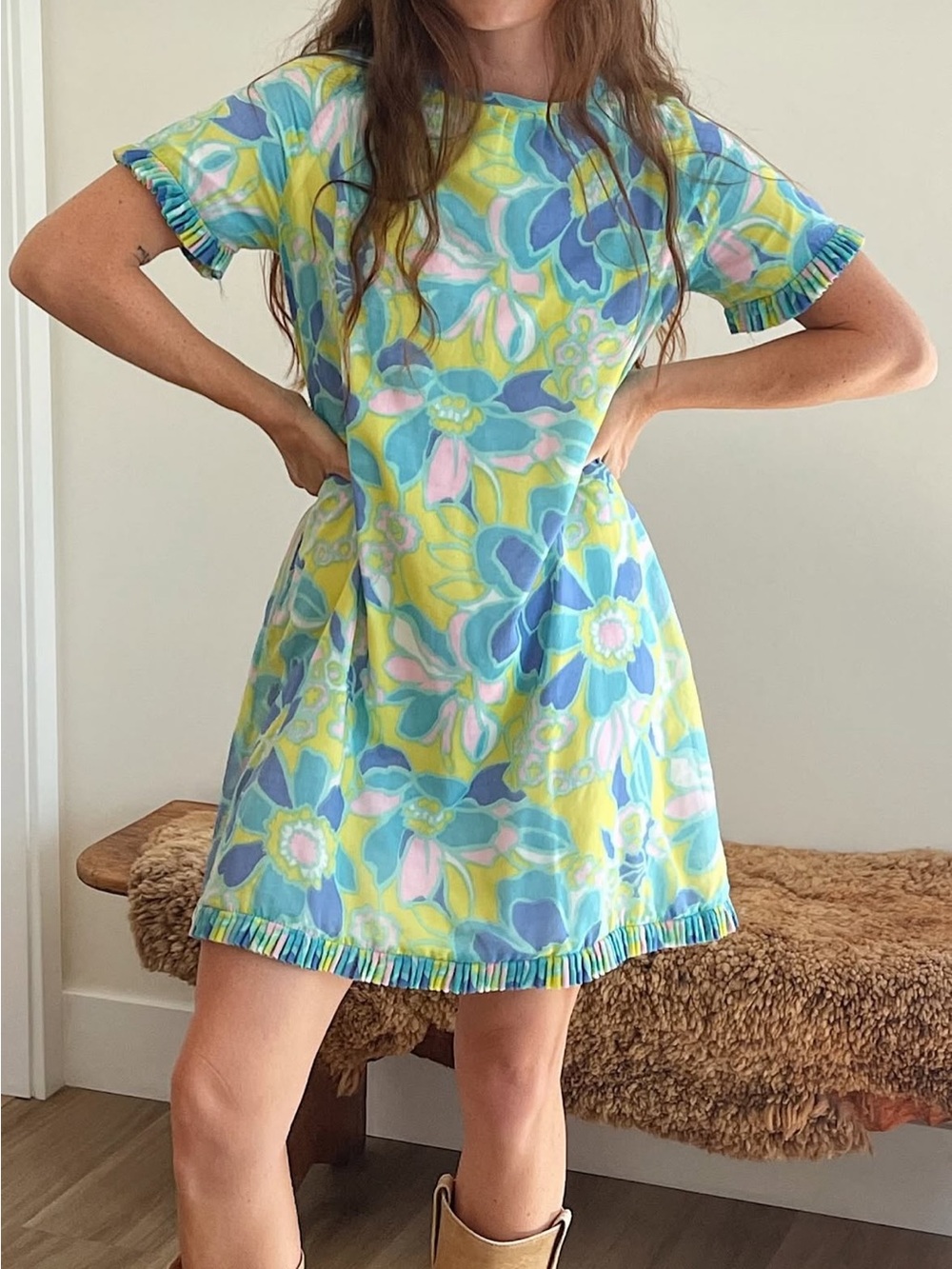 Ludlow Vintage Pastel Floral Ruffle-Trim Mini Dress groovy 60s 70s Palm Springs